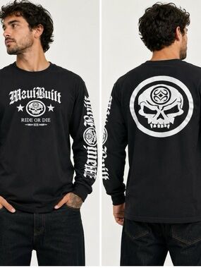 Maui Built Ride or Die 808 Skull Graphic Long Sleeve Tee Black Streetwear L